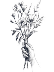 Obraz premium Minimal engraved illustration of a hand holding a bouquet of flowers. Suitable for elegant designs, invitations, stationery, and timeless botanical artwork.
