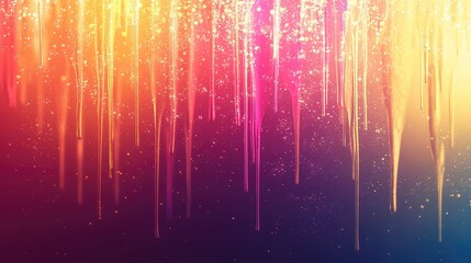 Vibrant falling light streaks and glittering particles flow in a radiant gradient from warm yellow and orange to pink, purple and blue, creating a dynamic, festive abstract backdrop