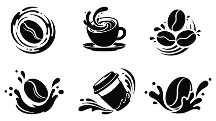 Modern coffee icons with dynamic splashes and swirls
