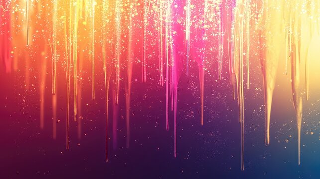 Vibrant falling light streaks and glittering particles flow in a radiant gradient from warm yellow and orange to pink, purple and blue, creating a dynamic, festive abstract backdrop - Powered by Adobe