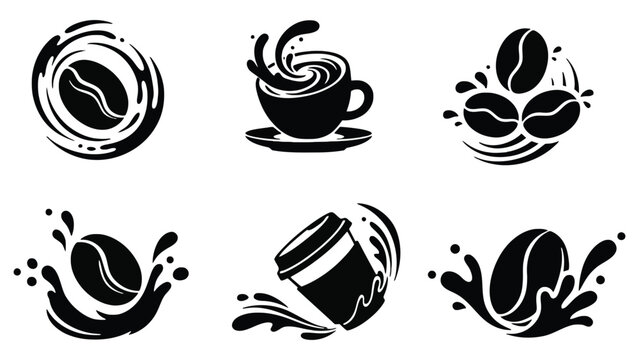 Modern coffee icons with dynamic splashes and swirls