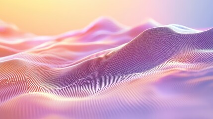 Abstract digital landscape of glowing interconnected dots forming a flowing mesh wave, vibrant purple pink orange gradient evoking data visualization, networks, and futuristic tech