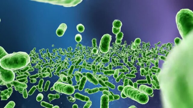 Microscopic view of numerous green rod-shaped bacteria or bacilli floating in a fluid with a blue and purple background, representing microbial life.