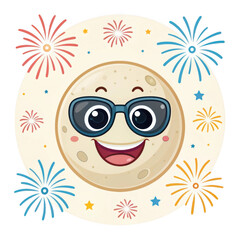 Obraz premium Happy cartoon moon character wearing sunglasses with fireworks celebration art
