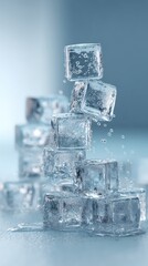Clear Ice Cubes Stacked High in Soft Blue Lighting with Water Droplets and Sparkles
