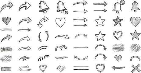 Collection of hand drawn arrows hearts stars and symbols