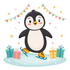 Fototapeta premium Cute penguin ice skating among gifts and festive bunting under a starry night sky