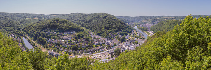 Panorama of the meander of the Lahn river and Bad Ems from the Concordia tower high above the Lahn river