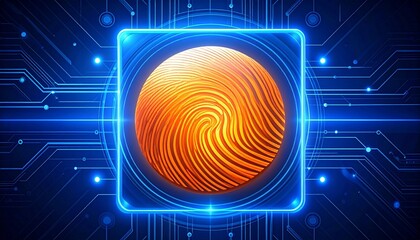 A glowing digital fingerprint surrounded by futuristic circuitry and data nodes in a cyber interface.
