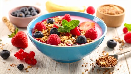 A vibrant breakfast bowl of yogurt topped with granola, fresh berries, and mint in natural light.
