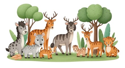 Fototapeta premium A group of wild animals, including zebras, antelopes, and hyenas, standing in a grassy field with trees in the background.