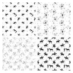 A set of monochrome seamless patterns with a game of horse polo