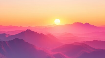 Fototapeta premium Layered mountains creating an abstract, artistic landscape with soft pink and purple hues under a glowing yellow sun setting into a warm, gradient sky