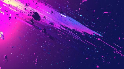Dynamic abstract background showing vibrant streaks of purple and pink fragments exploding across a dark gradient, creating a sense of rapid movement and energy