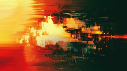 Abstract digital artwork featuring a dynamic composition of horizontal lines and pixelated shapes, creating a vibrant glitch effect with warm yellow and orange colors blending into dark tones