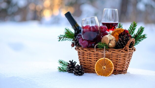 A festive wicker basket on snow, filled with red wine, grapes, pine cones, and holiday ornaments in a winter setting.