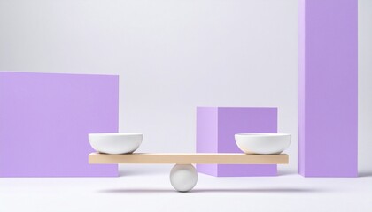A minimalist seesaw with two white ceramic bowls balanced on a wooden plank, set against a pastel purple background with a bar graph.