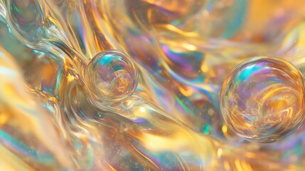 Golden fluid waves and swirling translucent spheres creating an abstract, dynamic background with iridescent reflections, embodying concepts of flow and luxury