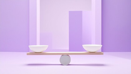 A minimalist seesaw with two white ceramic bowls balanced on a wooden plank, set against a pastel purple background with a bar graph.