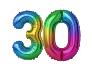 Rainbow number thirty balloons isolated on transparent background