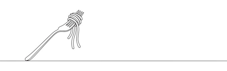 Continuous one line drawing of pasta on a fork. Vector illustration of Italian spaghetti noodle isolated on white background. Minimalist food concept