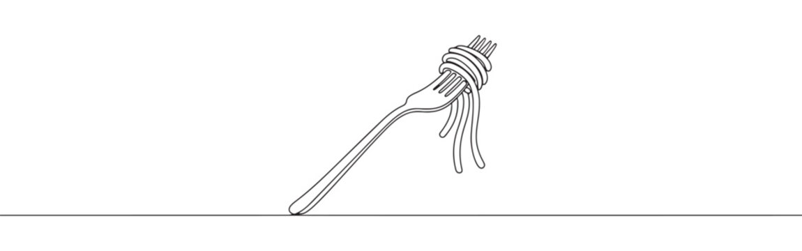 Continuous one line drawing of pasta on a fork. Vector illustration of Italian spaghetti noodle isolated on white background. Minimalist food concept