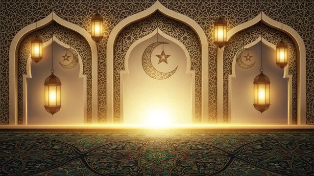Enchanting islamic arch design with glowing lanterns and crescent moon for ramadan and eid