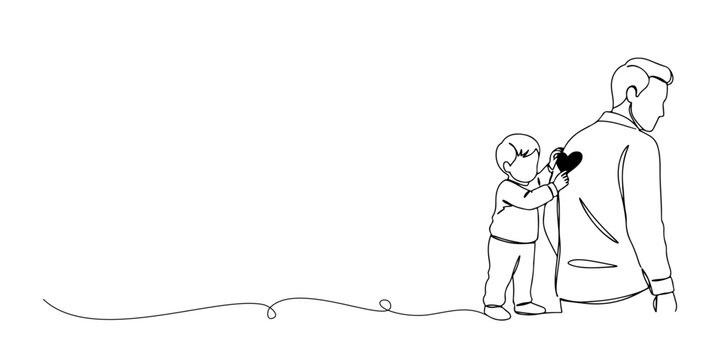 Continuous one line drawing of a child sticking a heart, representing innocent and cute love on Father's Day, father's day celebration, line art style vector illustration.