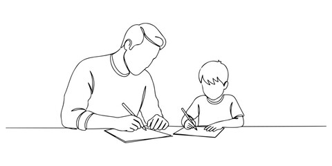 Continuous one line drawing of father and son drawing together at the table, representing Father's Day creative moment, father's day celebration, line art style vector illustration.
