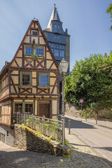 Typical houses in Bacharach. The text on the house says centuries I saw passing, thank to the lmove of God I still exist