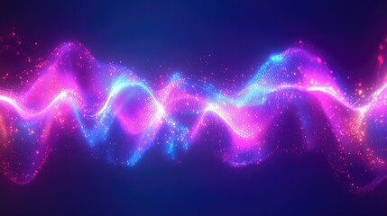 Abstract digital sound wave forming fluid particles in vibrant neon light colors, representing data visualization, technology, communication, and energy flow