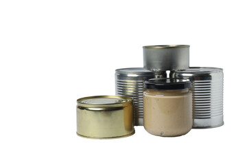 Humanitarian aid. Various food items for donation isolated on white background
