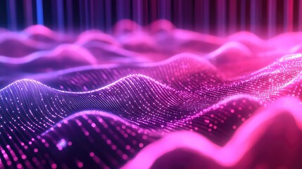 Glowing undulating particle wave surface in purple, pink and blue, visualizing flowing data, interconnected networks and futuristic digital information, ai and analytics concepts