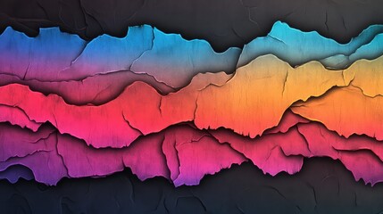 Abstract artwork depicting layered rough edged surfaces with a vibrant gradient of blue, orange, red, and purple colors, creating a dynamic textured background