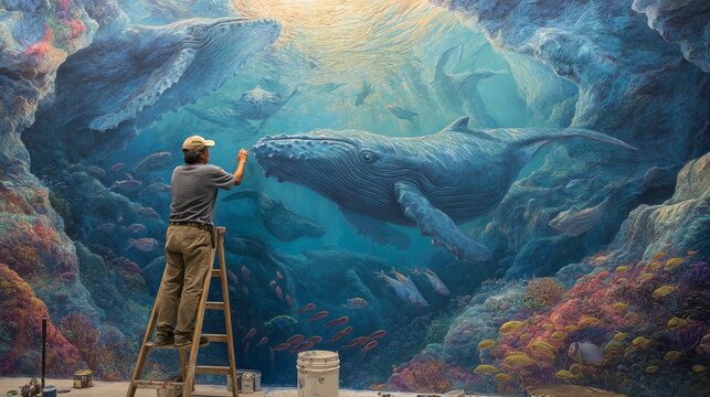 An artist on a ladder paints a vibrant underwater mural featuring whales, fish, and coral within a cave