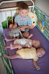 A young boy sits in a baby crib with his two newborn siblings. The twins are lying on a purple sheet, and the boy is holding a plush toy and using a pacifier.