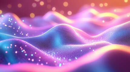 Digital wave surface of glowing data points and flowing particles, visualizing interconnected networks, information streams and futuristic cyber technology in vibrant colors