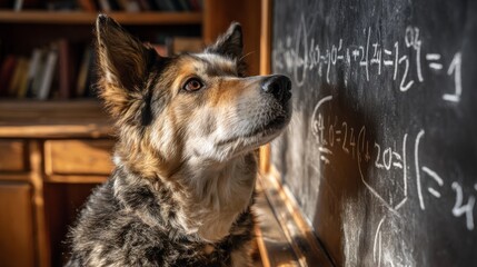 Obraz premium A focused canine contemplates math equations written on a chalkboard. Warm lighting highlights the dog's attentive expression