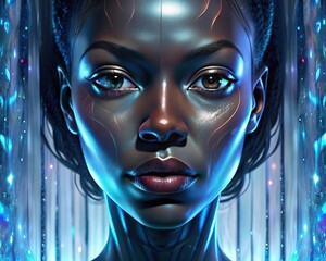 Glitched and corrupted female face. Reeded Glass. Ribbed Background. Model hidden behind mirror pattern. Neon red and pink Digital woman face for AI technology concept. Beautiful girl.