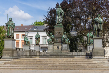 View of the Luther monument in Worms. The text on the monument says Here I stand, I can do no other God help me Amen