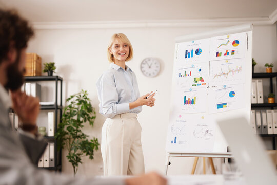 A person presents data on a poster board while colleagues listen and take notes in a well-lit office environment filled with charts and graphs.