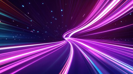 Abstract background showing glowing stripes and particles creating a dynamic sense of high speed movement through a digital space, representing network data flow and modern technology