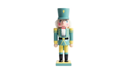 Isolated decorative nutcracker figurine with traditional blue and yellow uniform suit