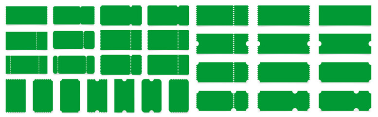 Set of green ticket mockups with ruffle edges and shadows. Empty template. Concert, movie or theater ticket. Boarding blank, lottery, sale coupon.