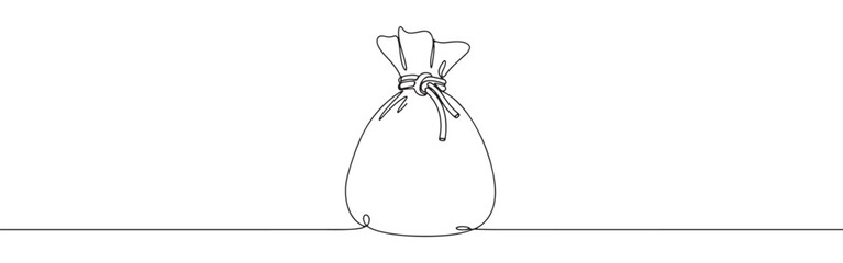 Continuous one line drawing of a money bag. Vector illustration of a sack tied with a rope isolated on white background. Minimalist finance concept