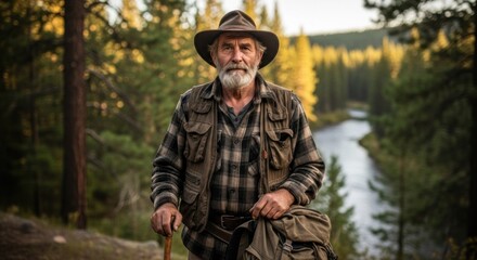 Obraz premium An elderly man with a hat and beard, standing in a forest with a river in the background.