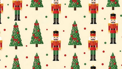 Festive Christmas Pattern with Nutcrackers and Trees.