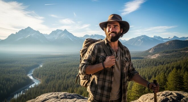 A man with a beard and hat, wearing a plaid shirt, standing on a rocky outcrop with a backpack, overlooking a scenic mountain landscape with snow-capped peaks and a river below. - Powered by Adobe