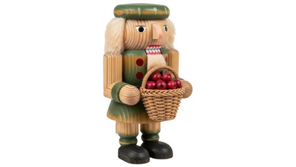 Isolated wooden nutcracker figurine holding a basket of red apples, a collectible ornament