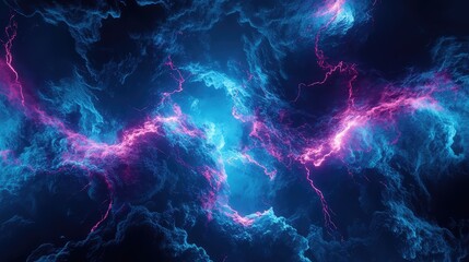 Abstract cosmic plasma creating swirling patterns of vibrant blue and purple neon energy, depicting a mysterious celestial nebula or digital science background